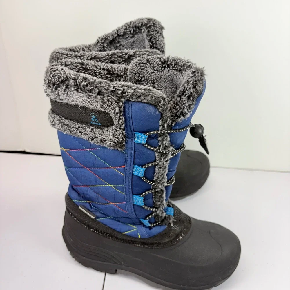 Kamik Snow Boots Kids Size 3 Blue Waterproof Faux Fur Rainbow Stitching